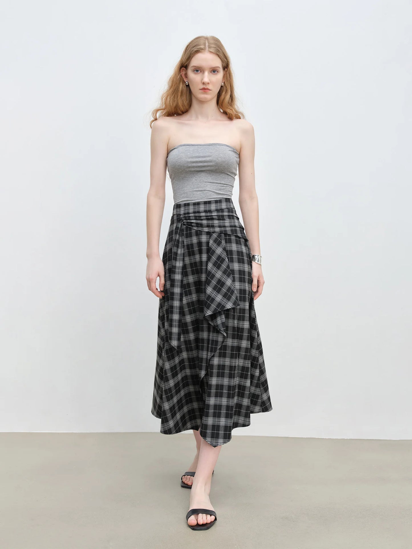 Plaid Asymmetric Draped Midi Skirt