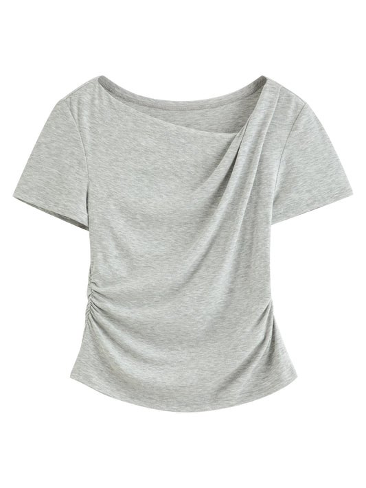 Gray Ruched Asymmetric Short Sleeve Top