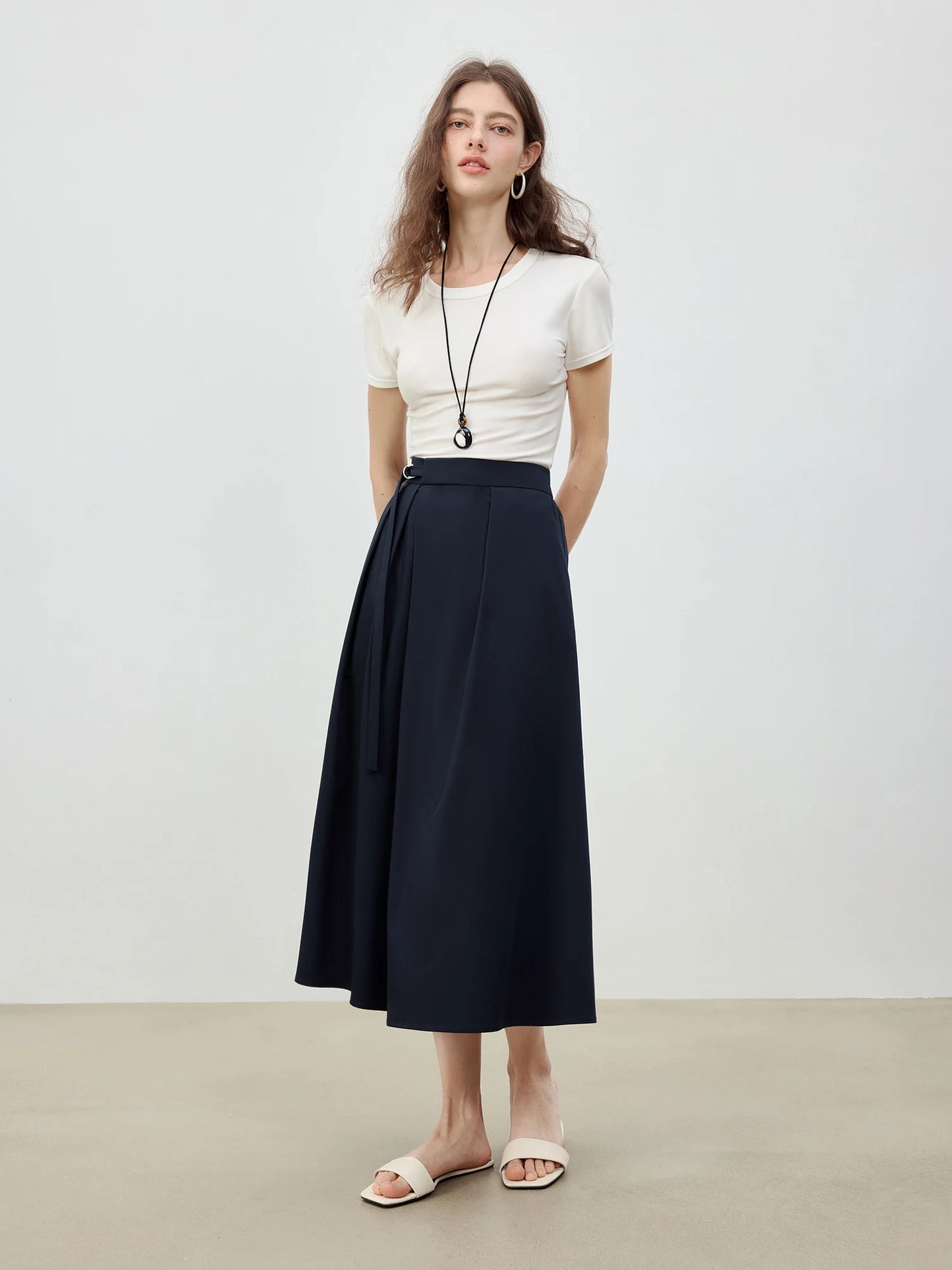 Navy Belted Pleated Maxi Skirt