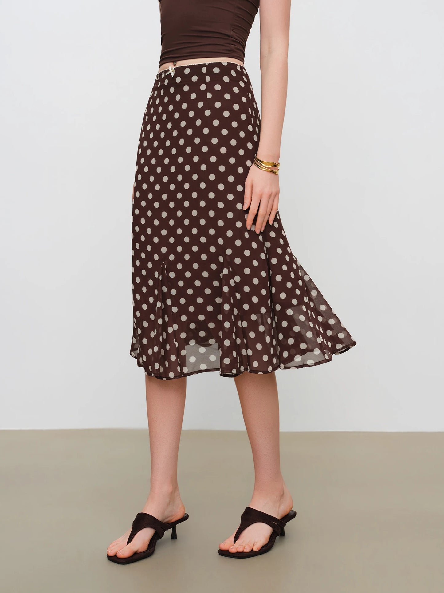 Brown Dot Chiffon Fishtail Skirt