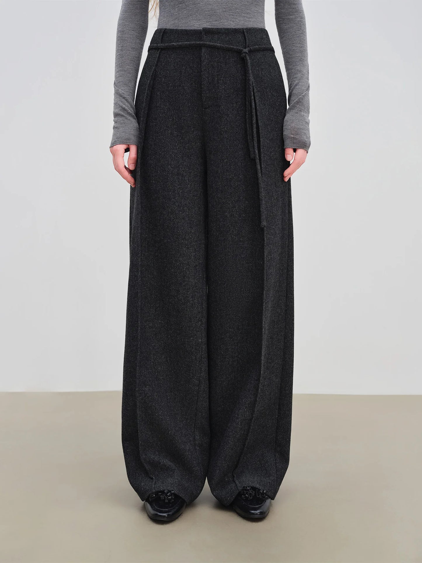 Charcoal Wool Drawstring Wide Pants