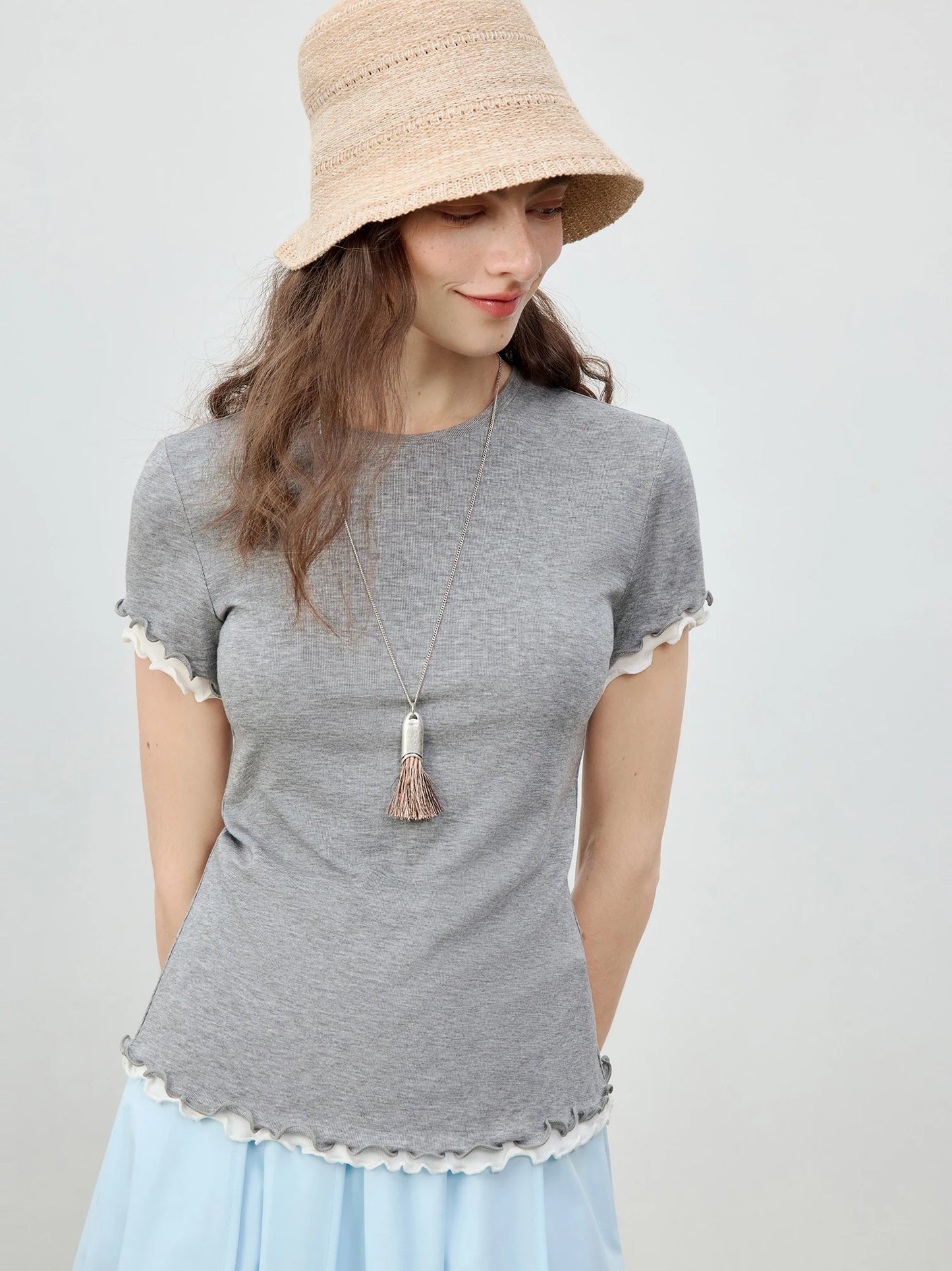 Brown Ruffle Trim Layered Tee