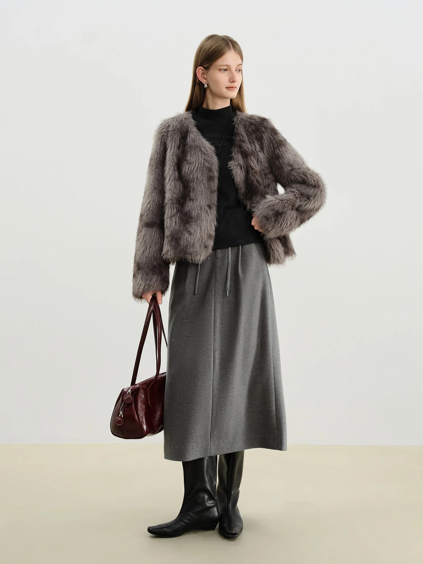 Charcoal Wool Drawstring Midi Skirt