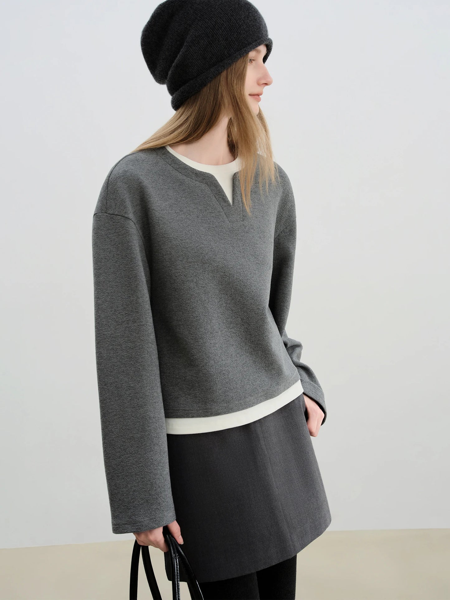 Gray Fleece Notch Neck Sweatshirt