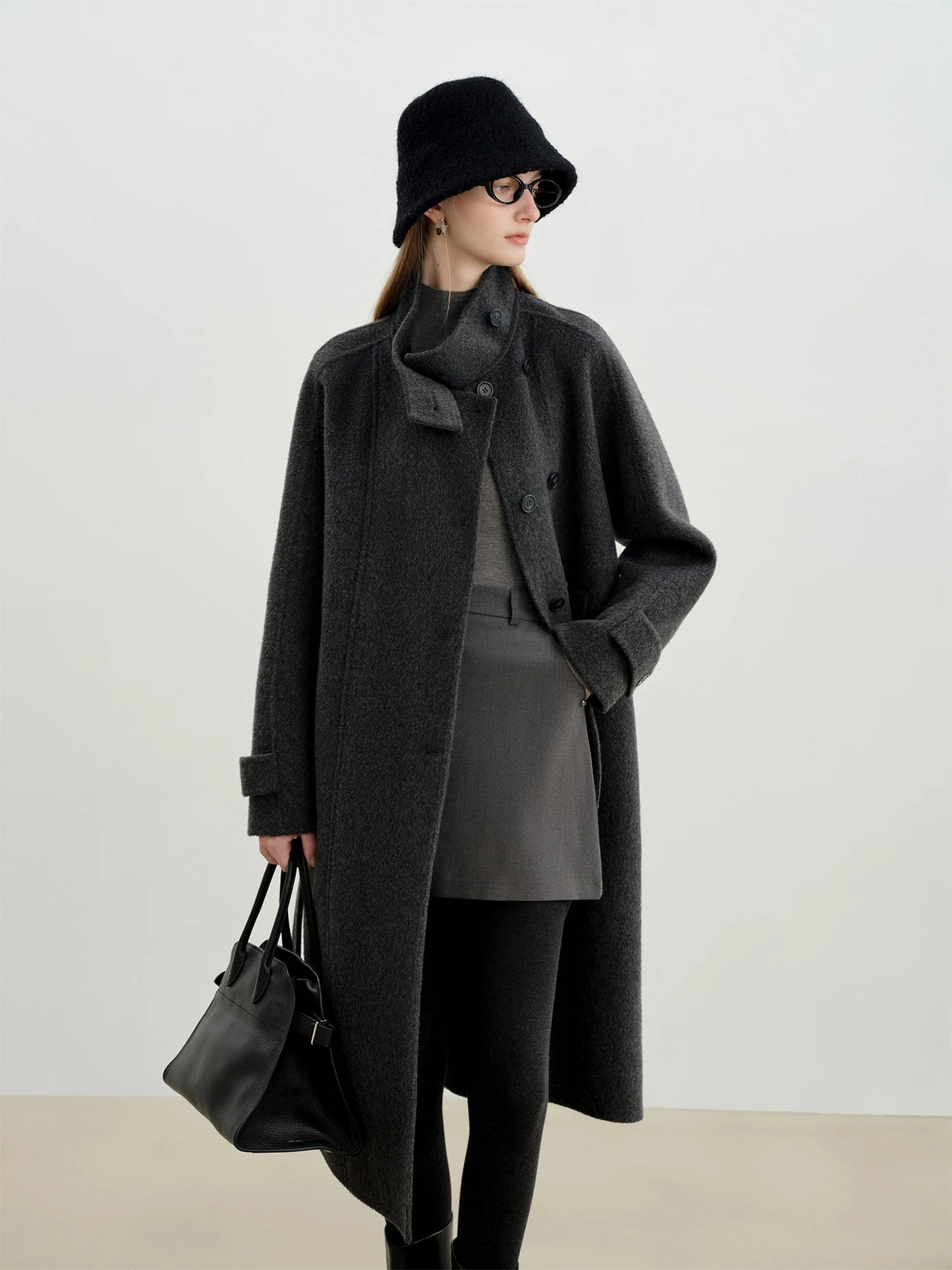 Grey Stand Collar Wool Coat