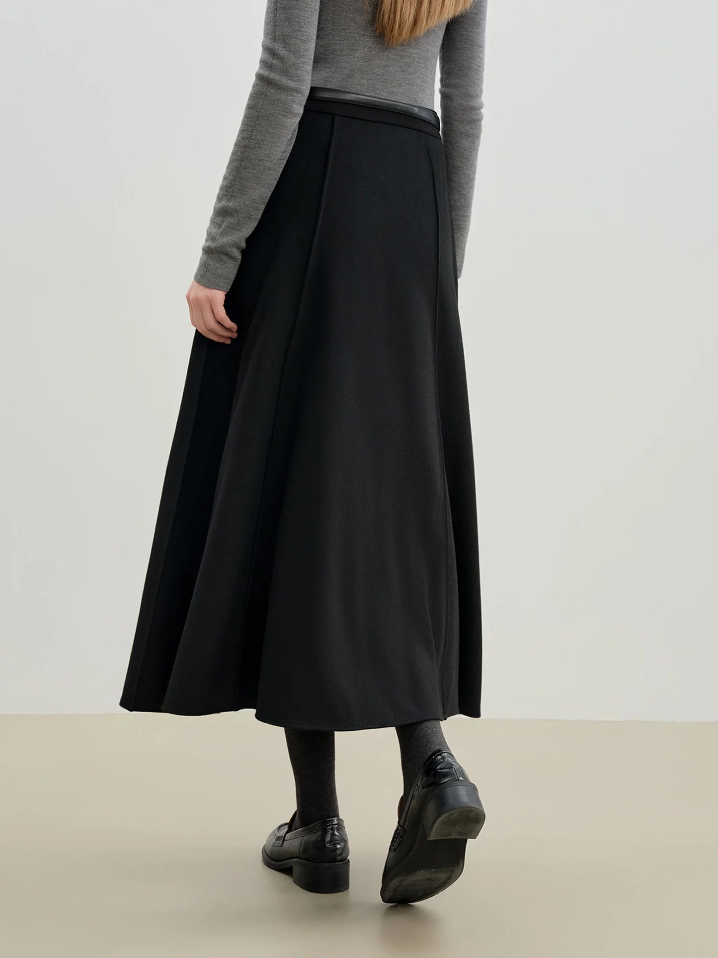 Taupe Wool Pleated Flared Midi Skirt