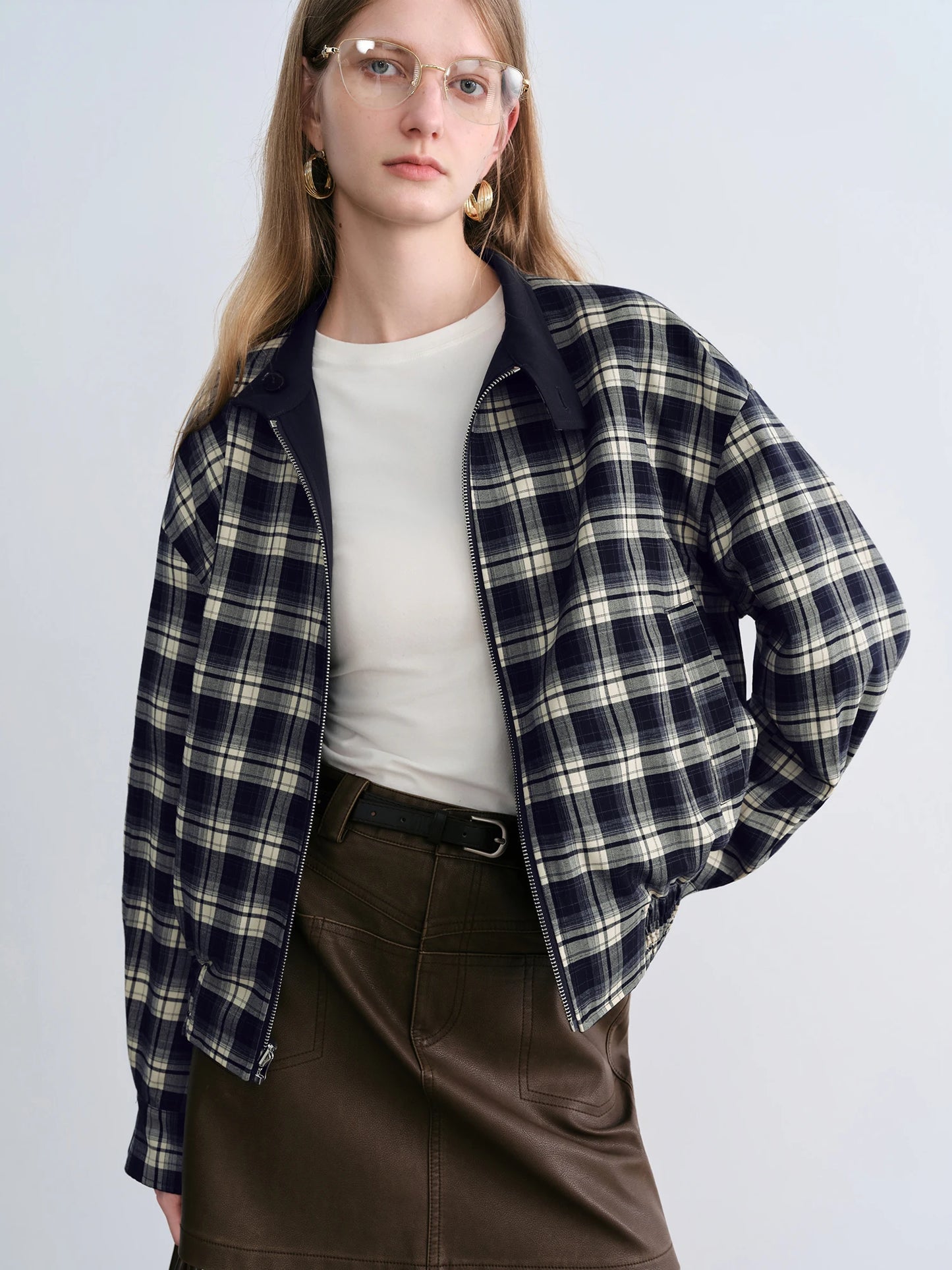 Navy Plaid Zip Short Jacket