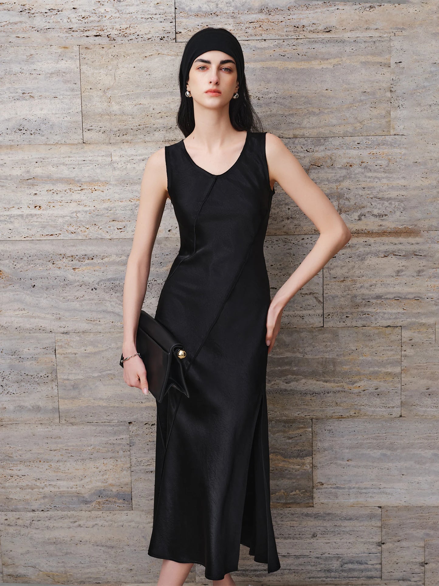 Ivory Satin U-Neck Midi Dress