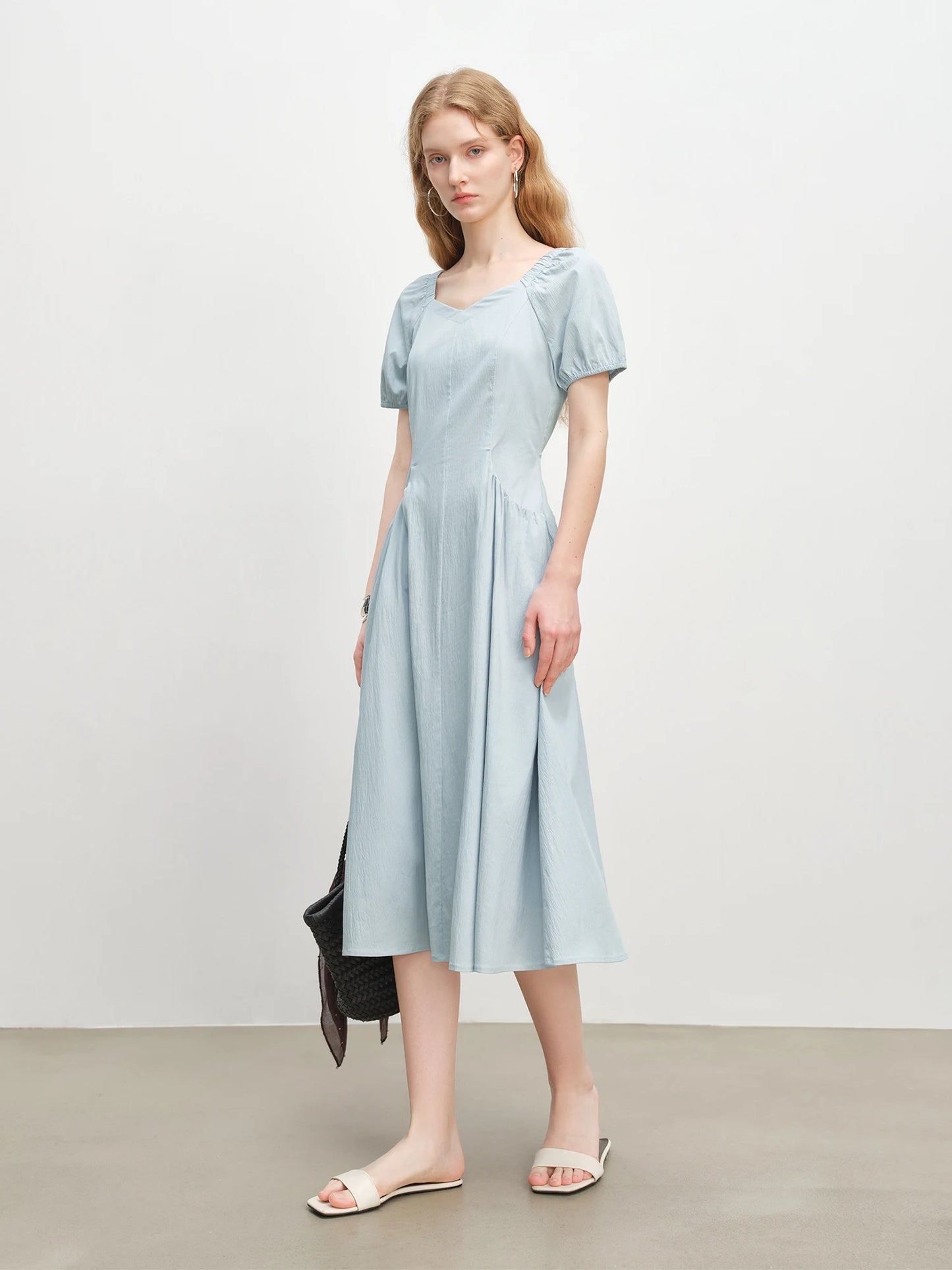 Blue Puff Sleeve Midi Dress