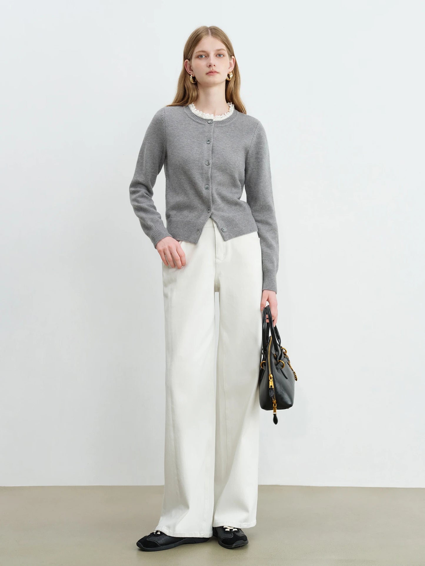 Grey Lace Trim Knit Cardigan