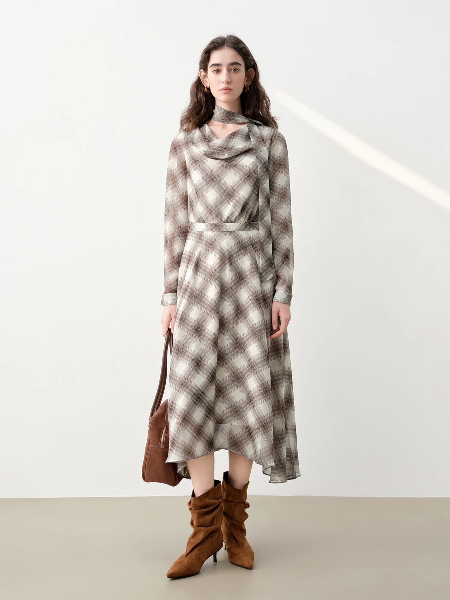 Plaid Ruffle Neck Midi Dress