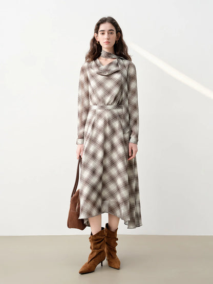 Plaid Ruffle Neck Midi Dress