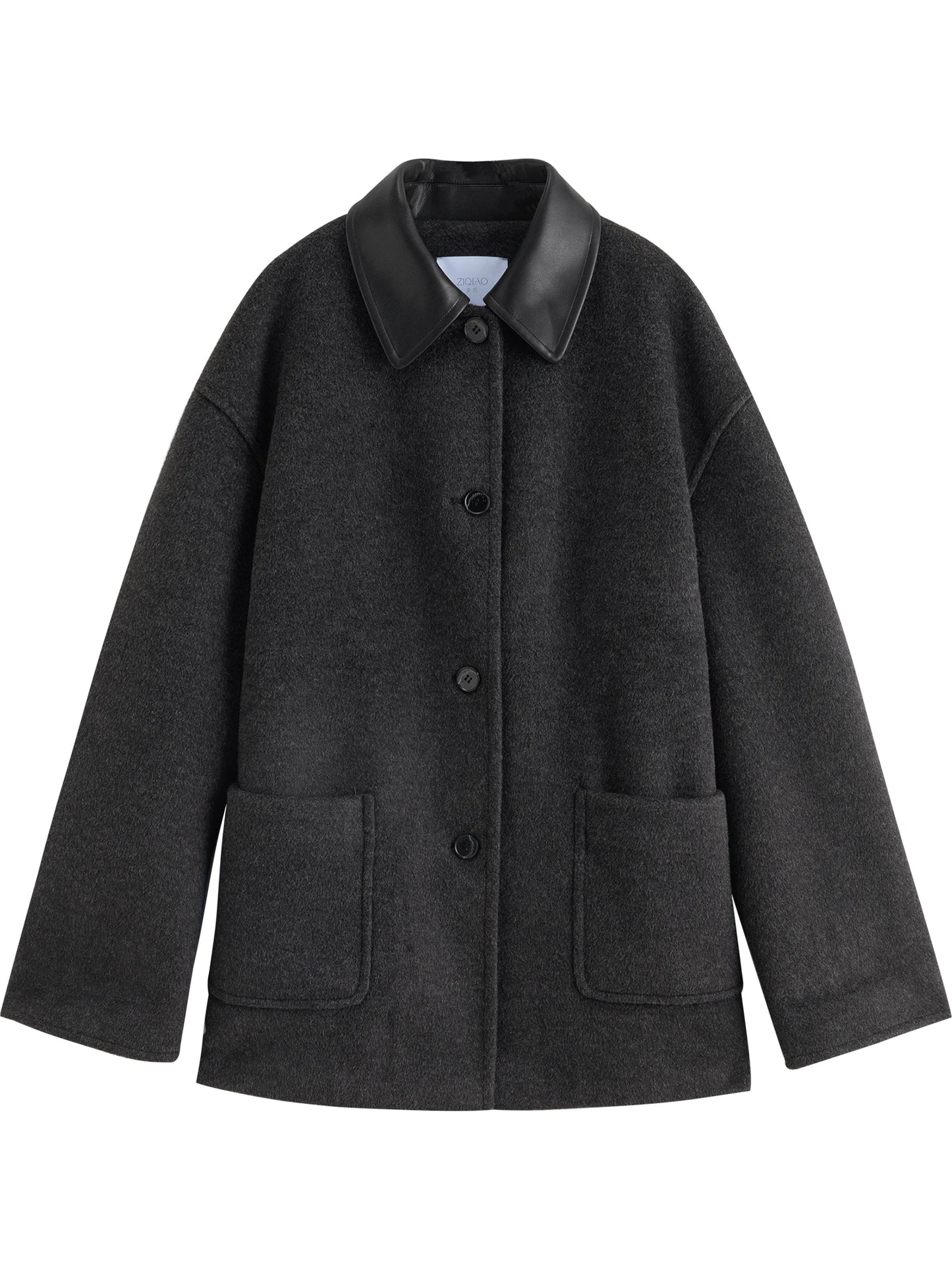 Black Leather Collar Wool Coat