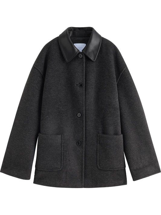 Black Leather Collar Wool Coat