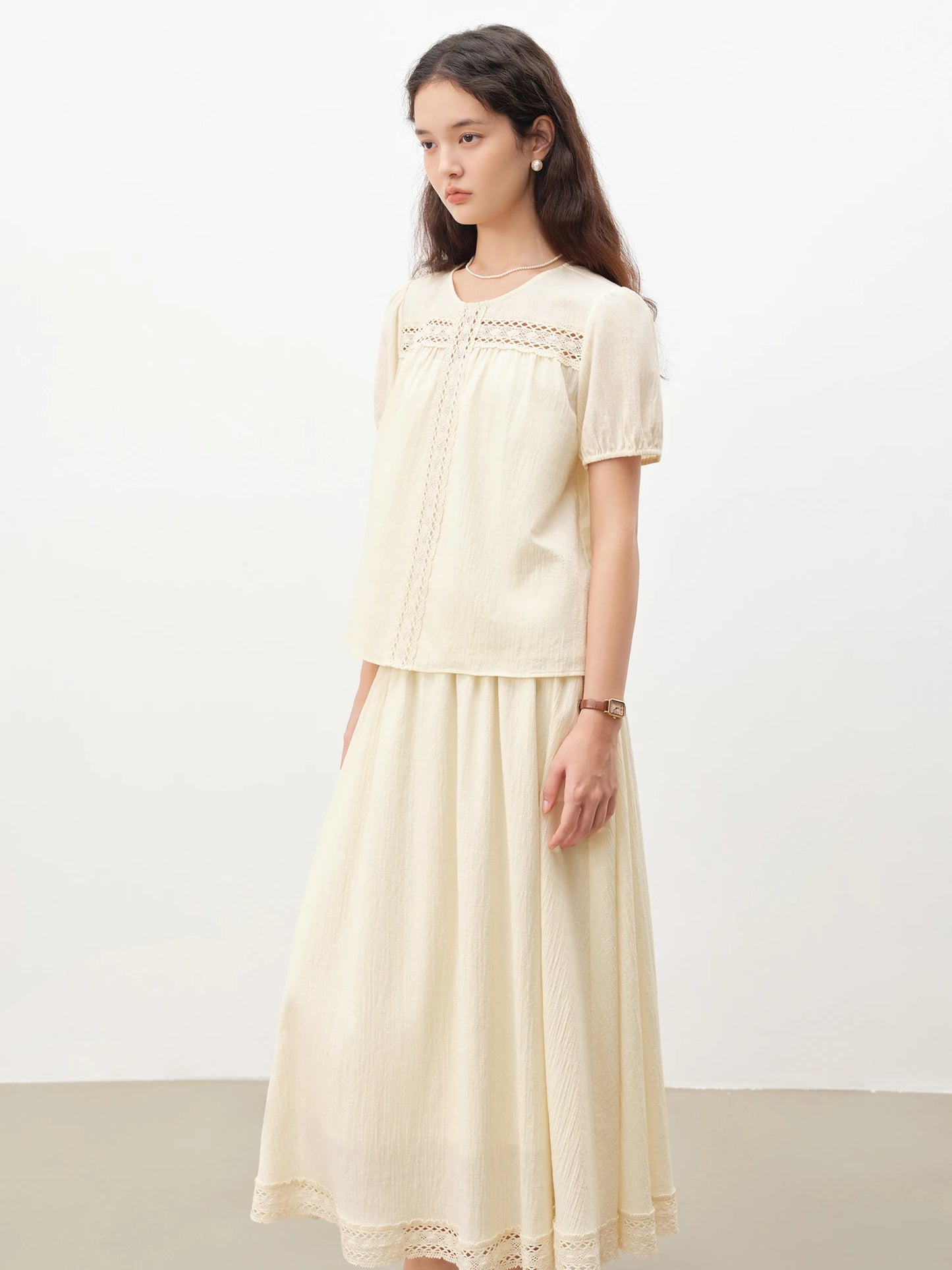 Cream Lace Cutout Skirt Set