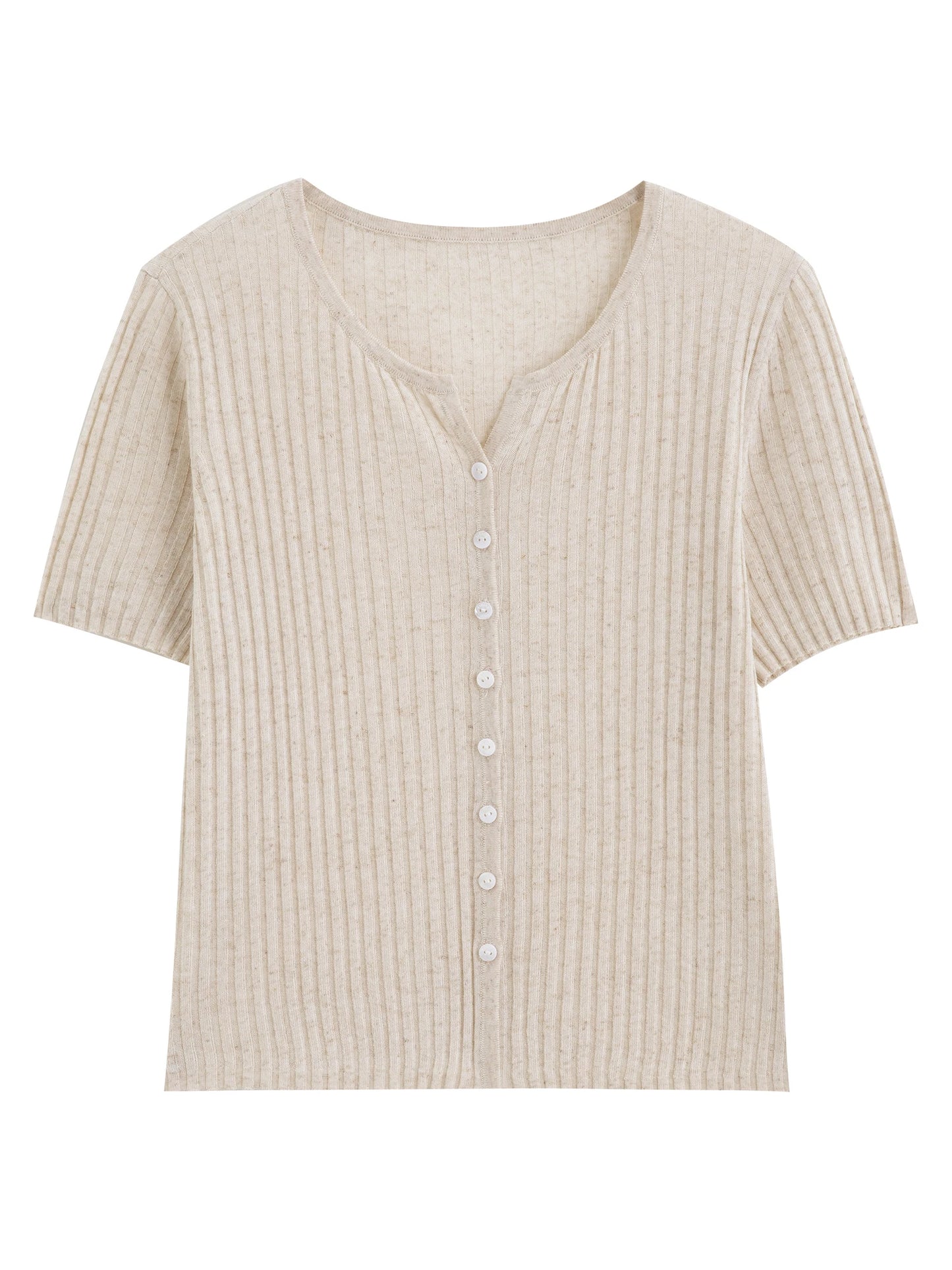 Oatmeal Ribbed Button Knit Top