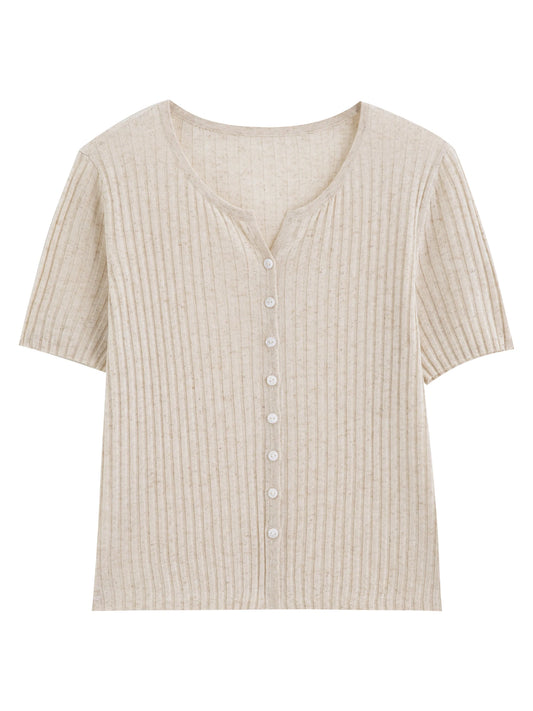 Oatmeal Ribbed Button Knit Top