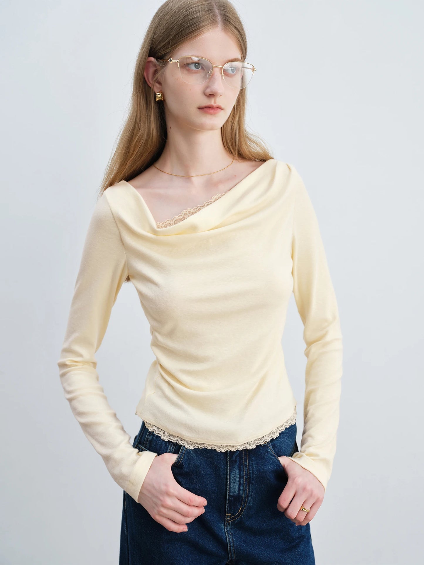 Mauve Lace Trim Cowl Neck Top