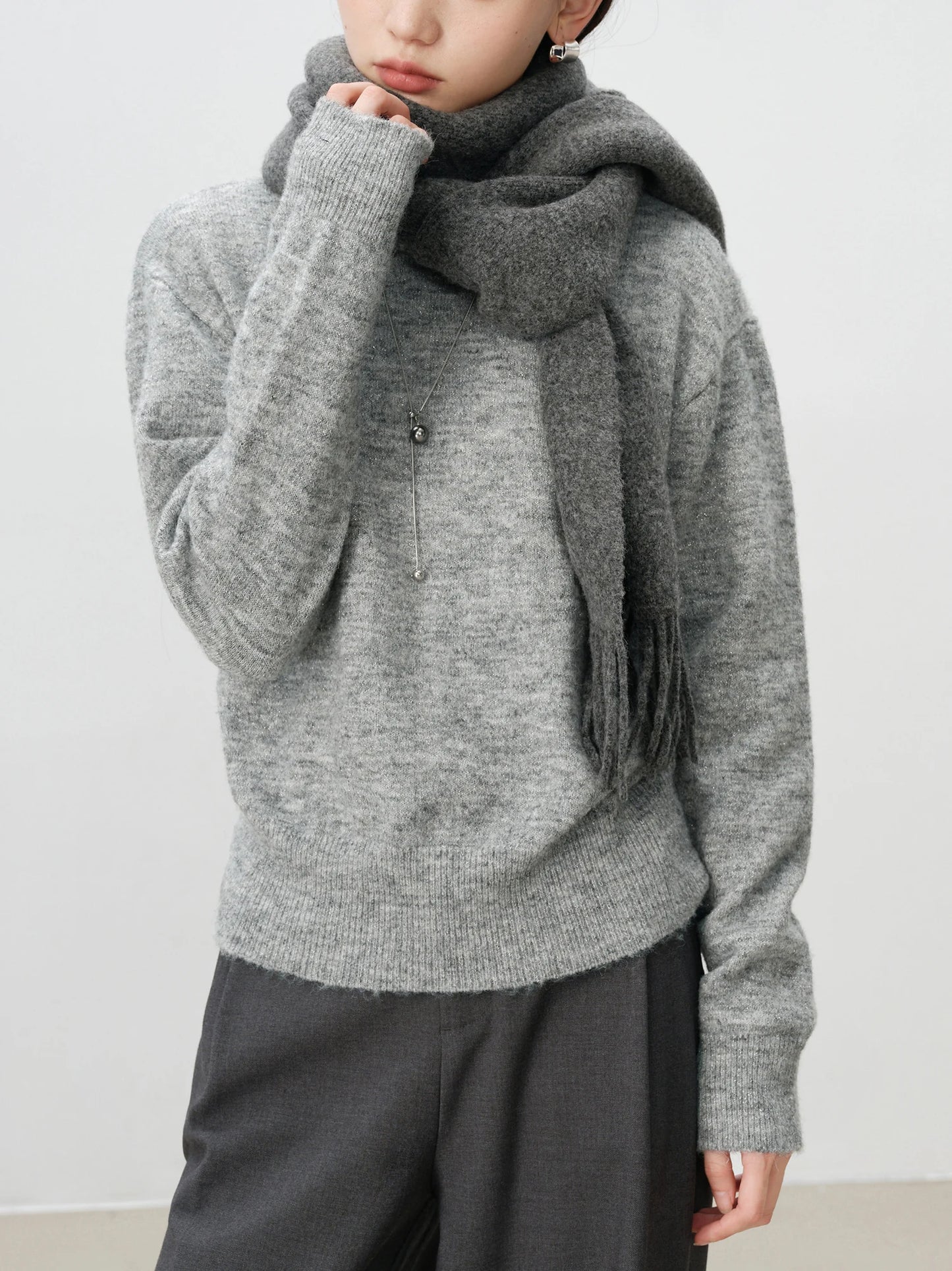 Grey Drop Shoulder Crew Sweater
