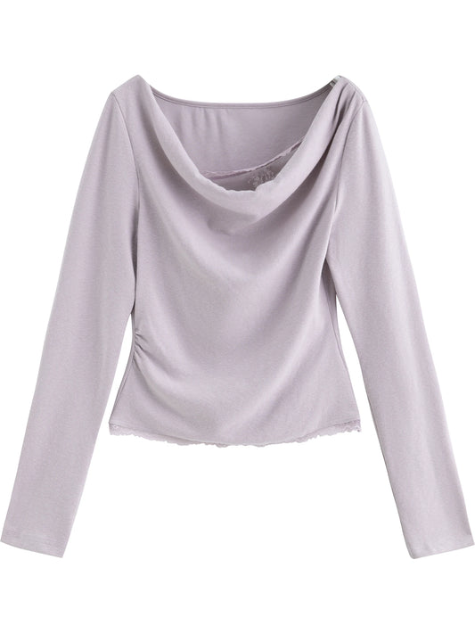 Mauve Lace Trim Cowl Neck Top