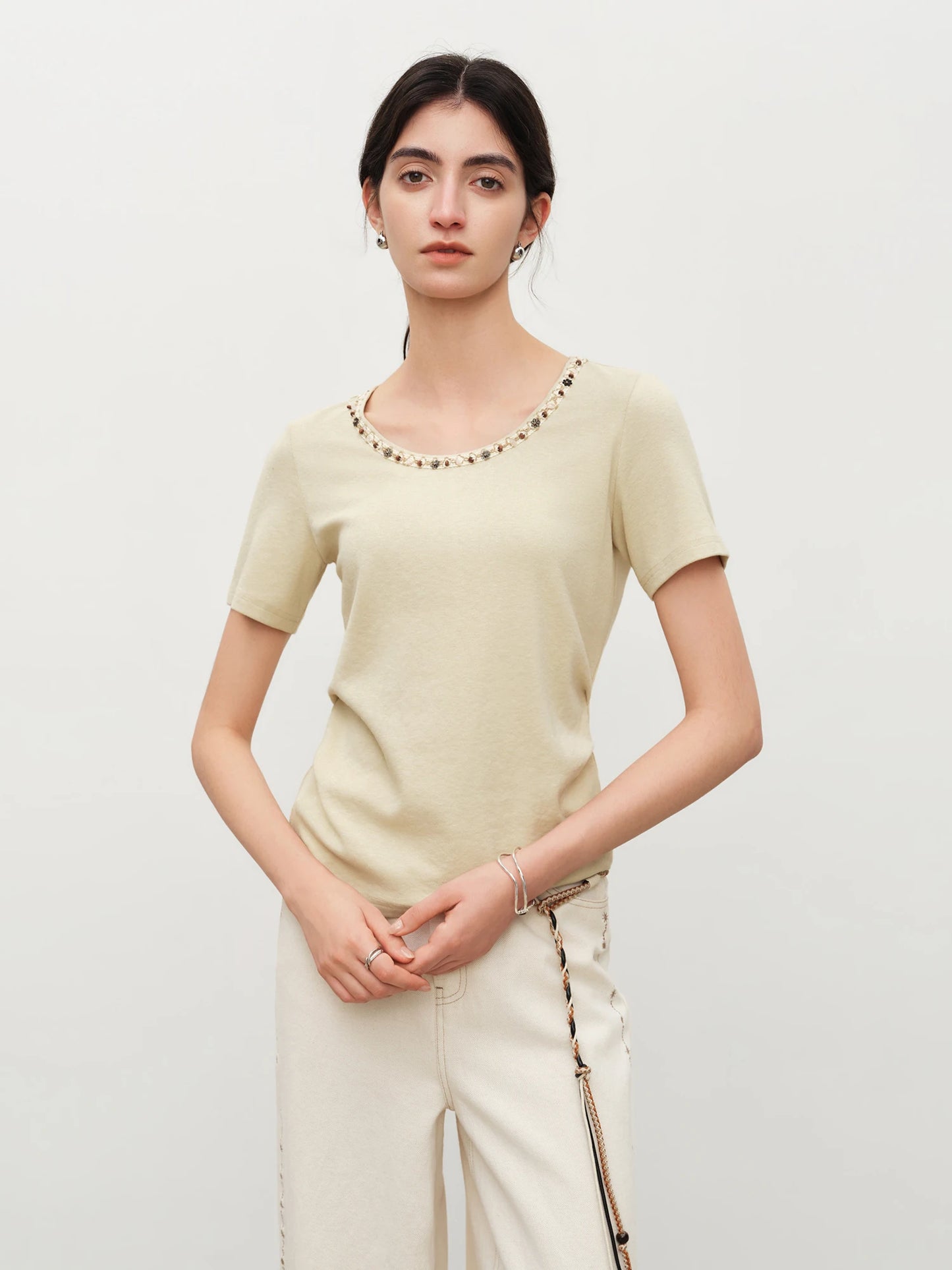 Beige Beaded Neckline Tee