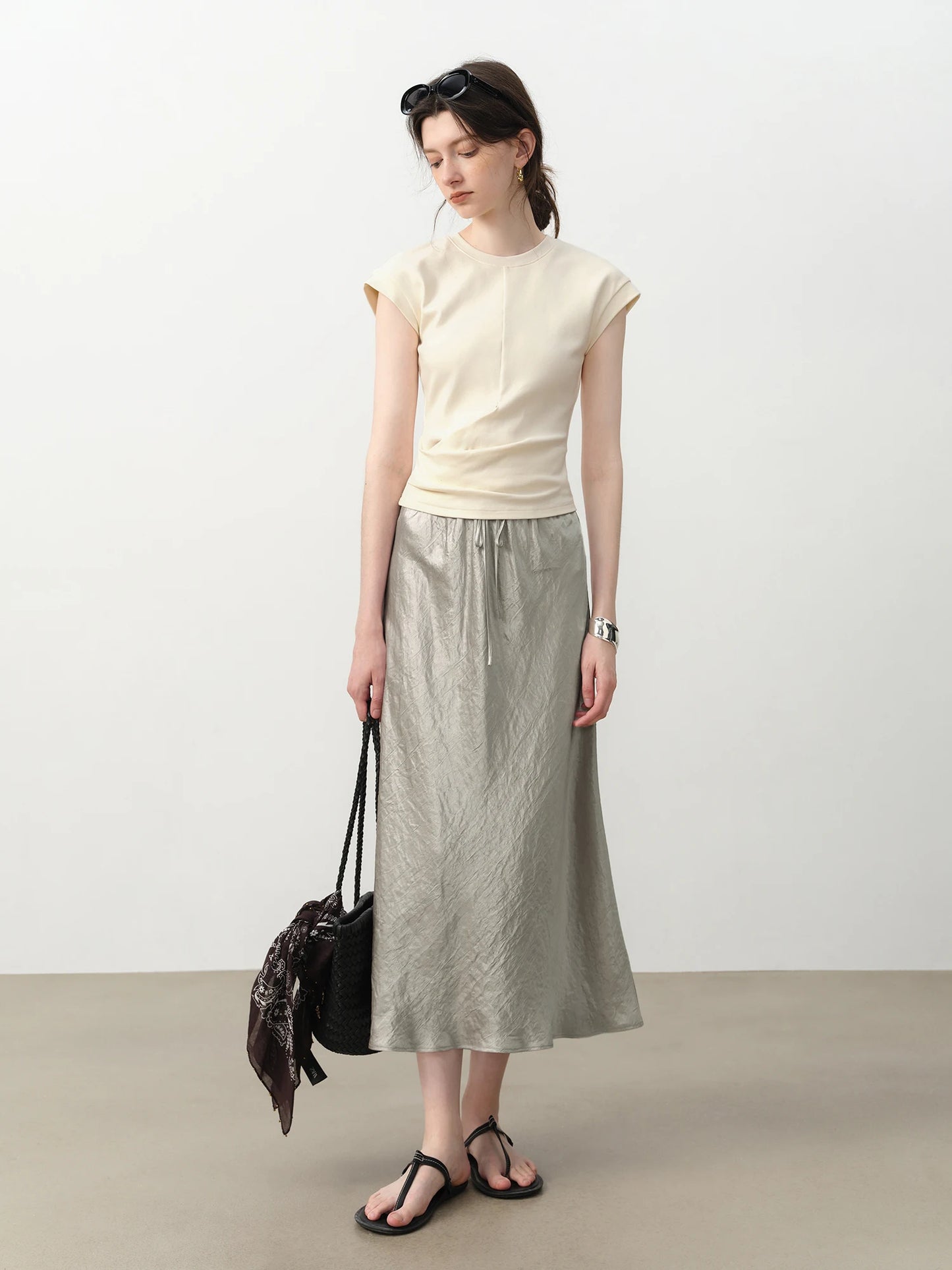 Silver Satin Drawstring Maxi Skirt