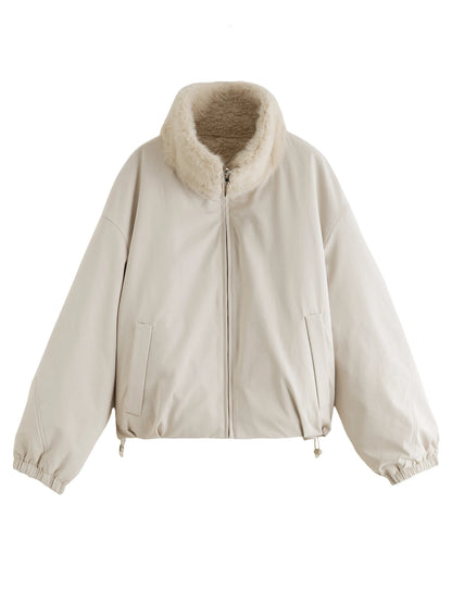 Ivory Fur Collar Bomber Jacket