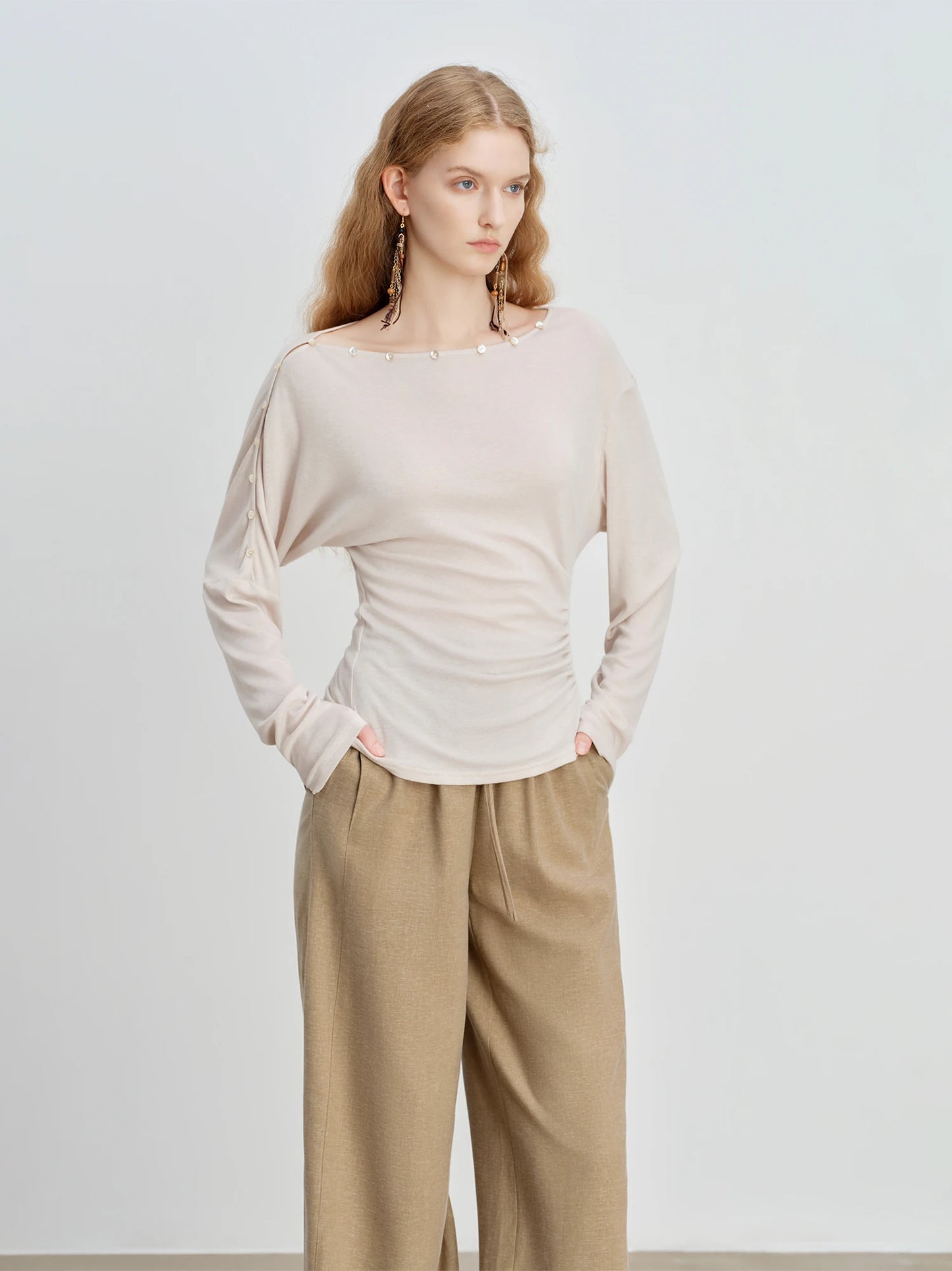Charcoal Button Boat Neck Top