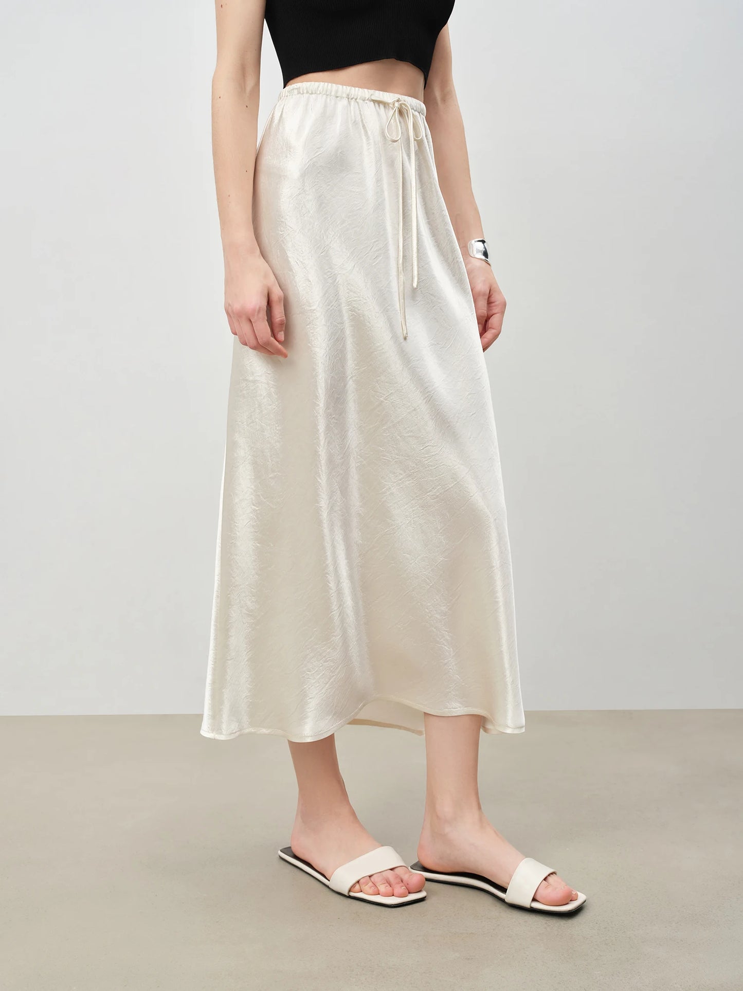 Black Gloss Drawstring Maxi Skirt