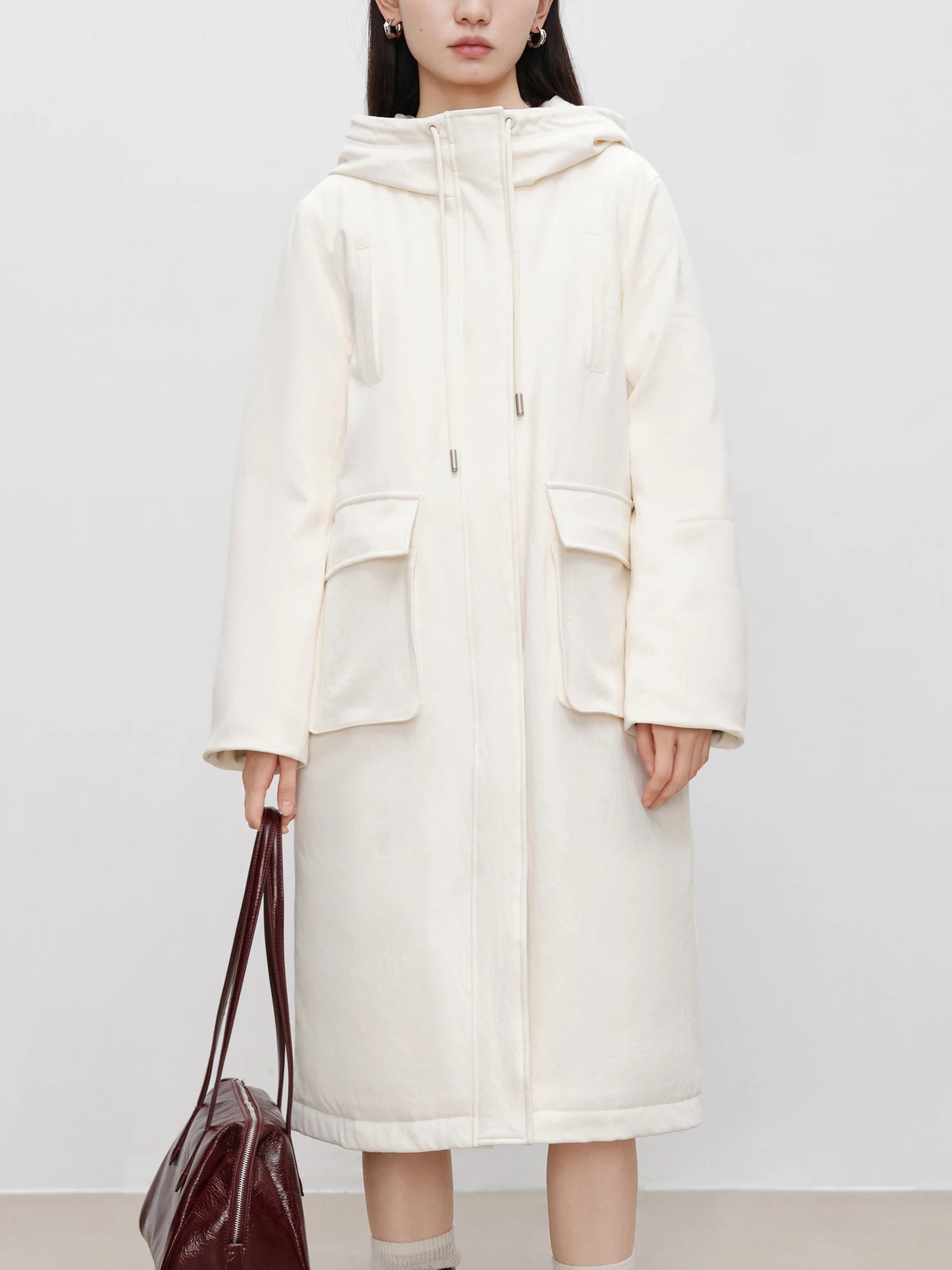 Ivory Hooded Long Parka Coat