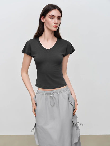 Pale Blue V-Neck Ruffle Tee