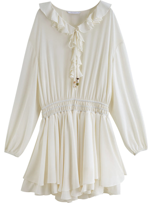 Ivory Ruffle Beaded Mini Dress