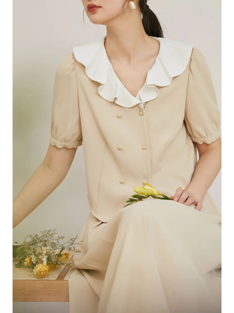 Beige Ruffle Collar Chiffon Blouse