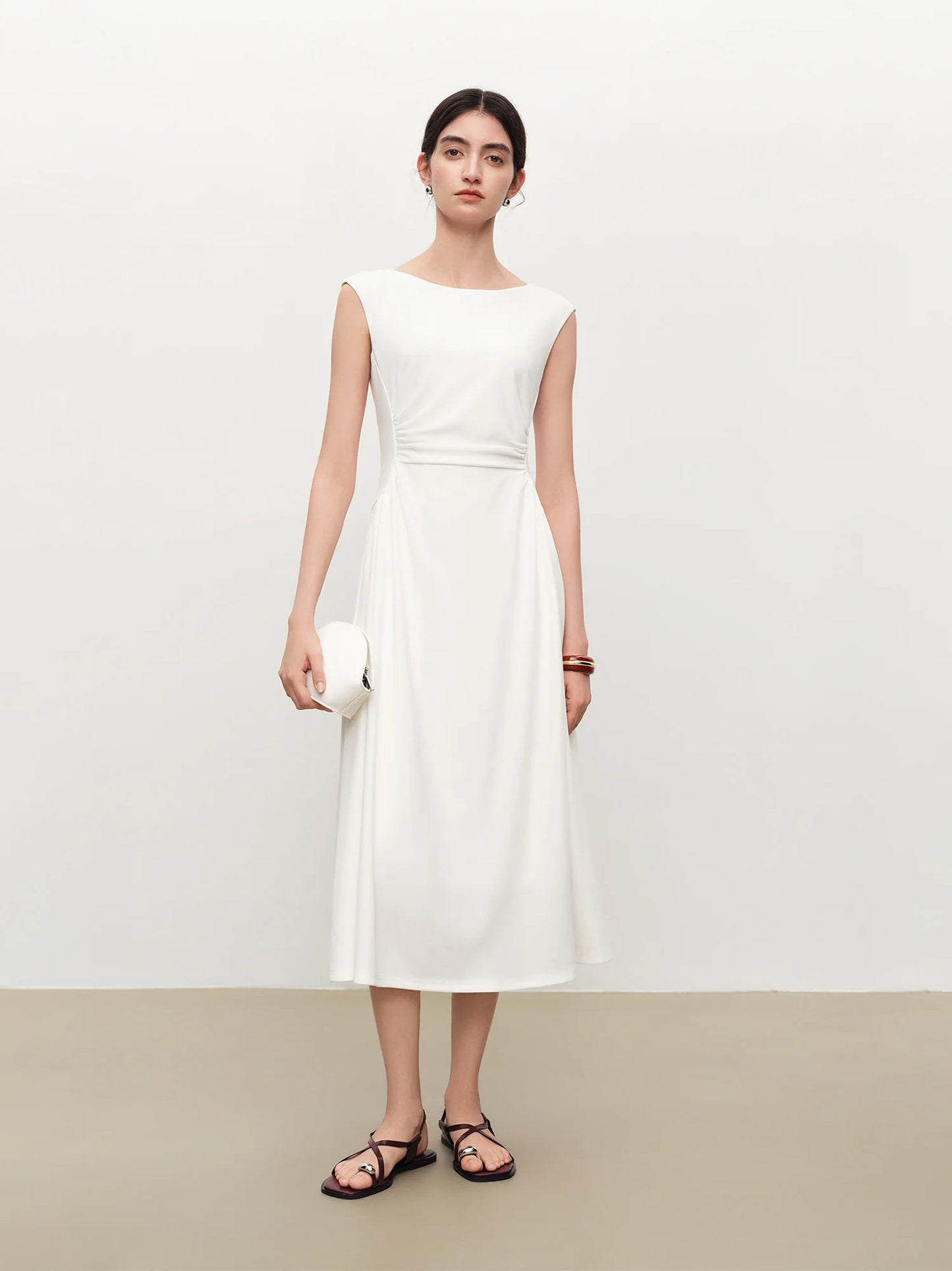 White Off Shoulder Pleated Dress