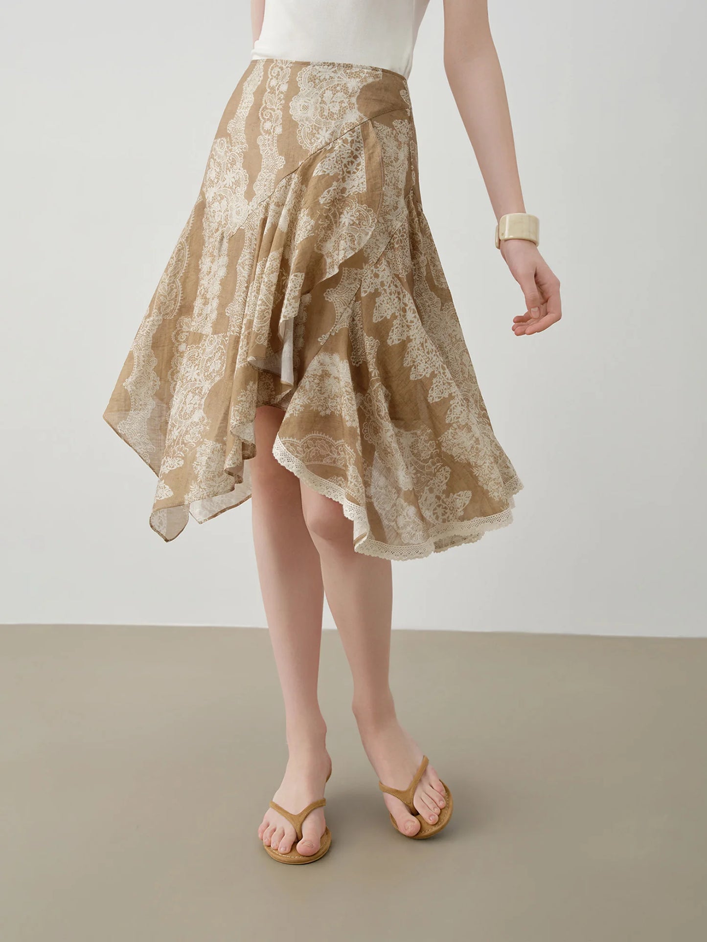 Tan Lace Print Asymmetric Skirt