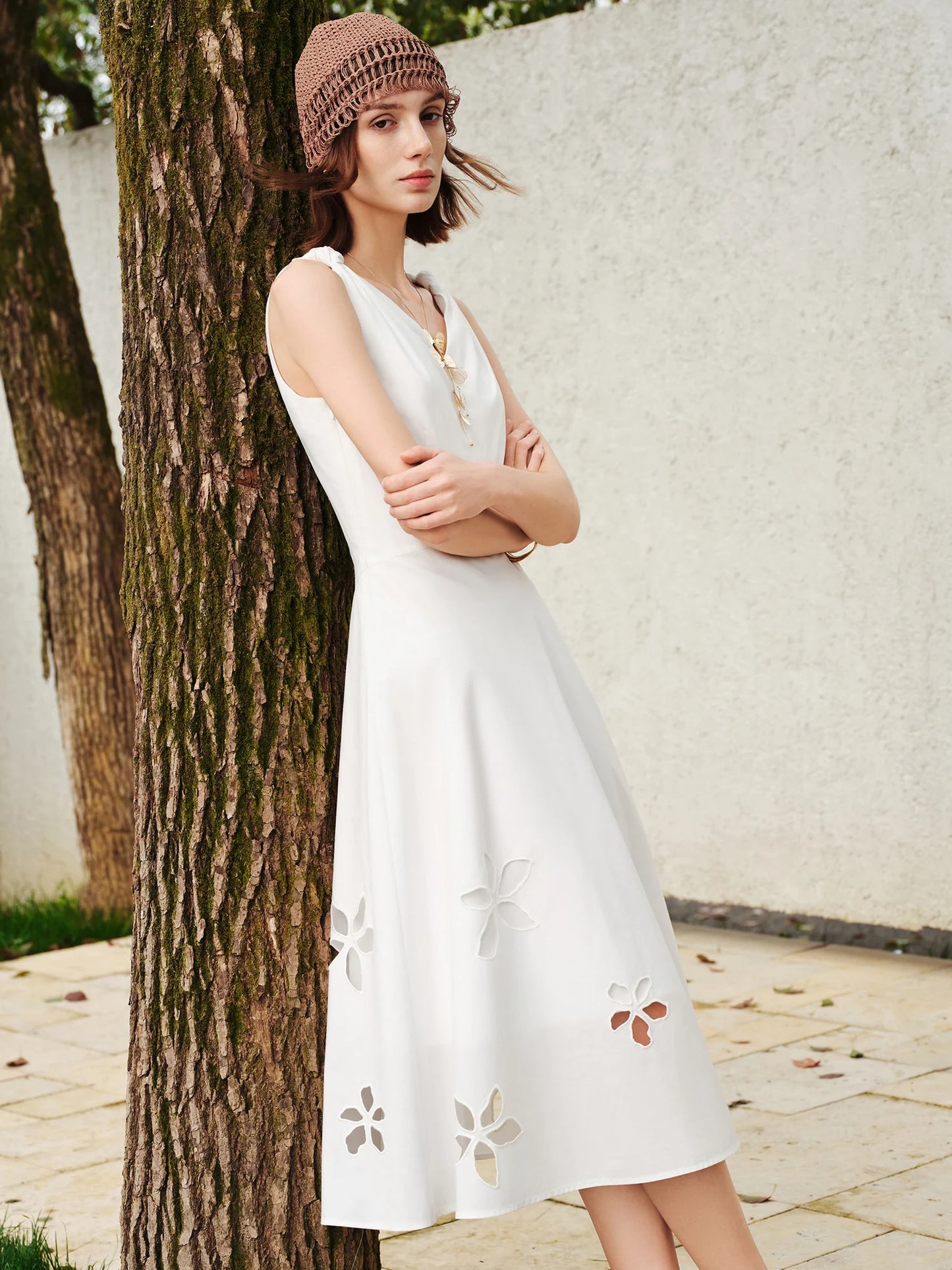 White Floral Embroidered Midi Dress