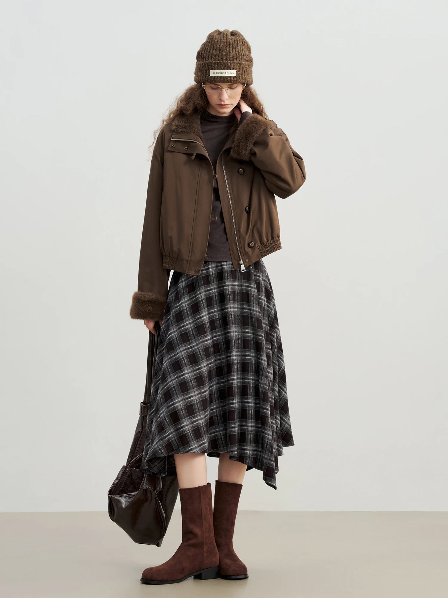Brown Fur Trim Bomber Jacket