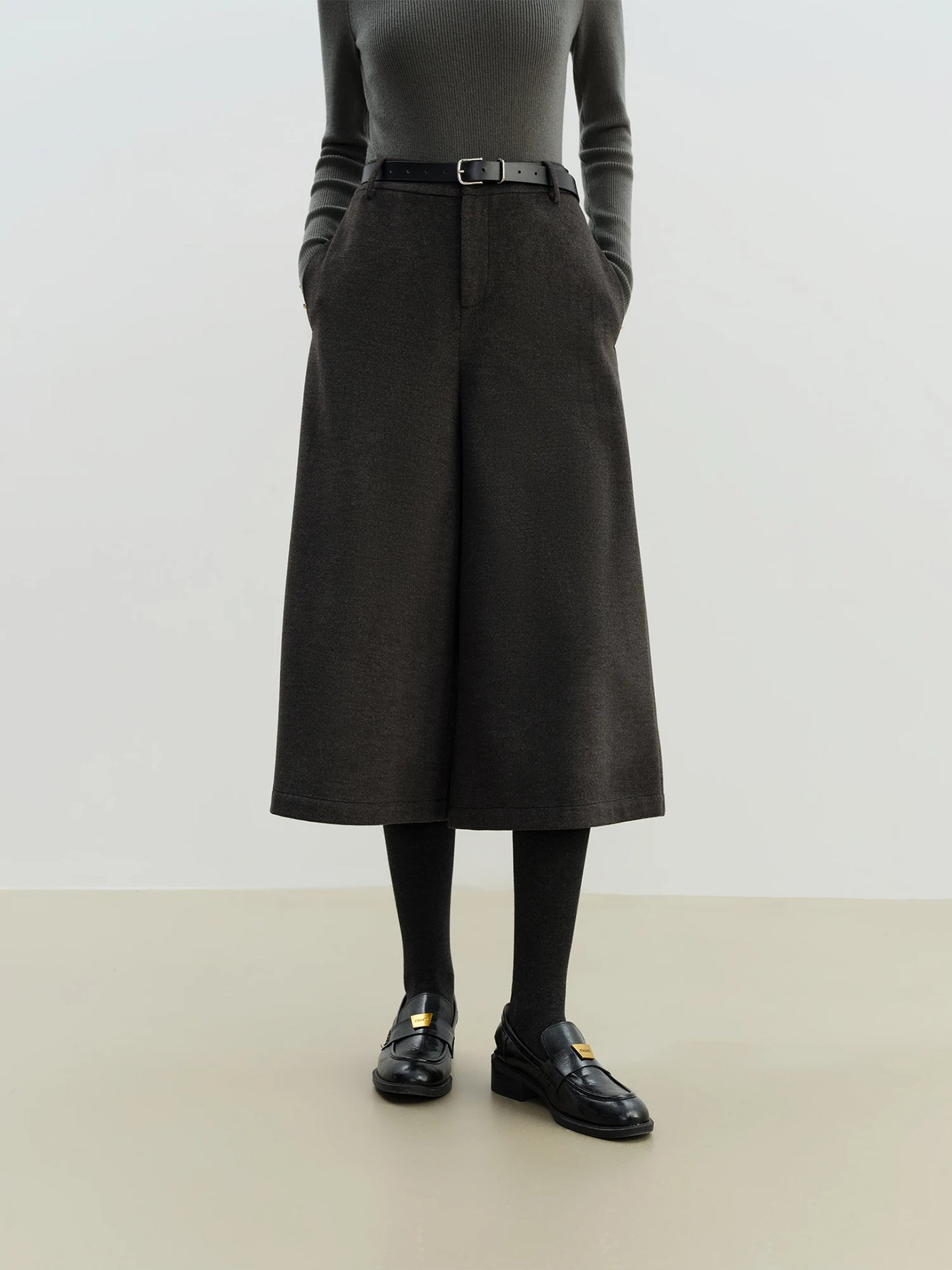 Charcoal Wool Blend Wide Leg Pants