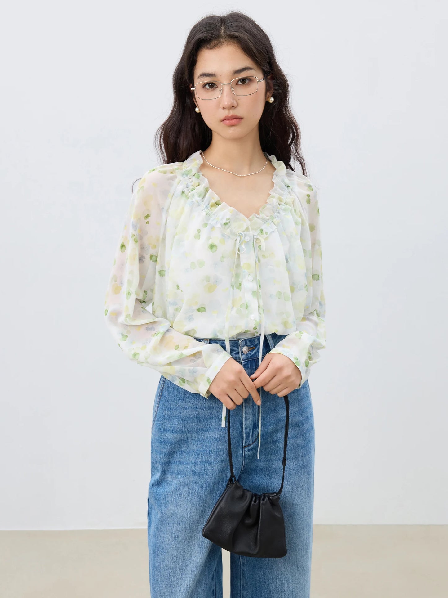 Yellow Floral Chiffon Tie Blouse
