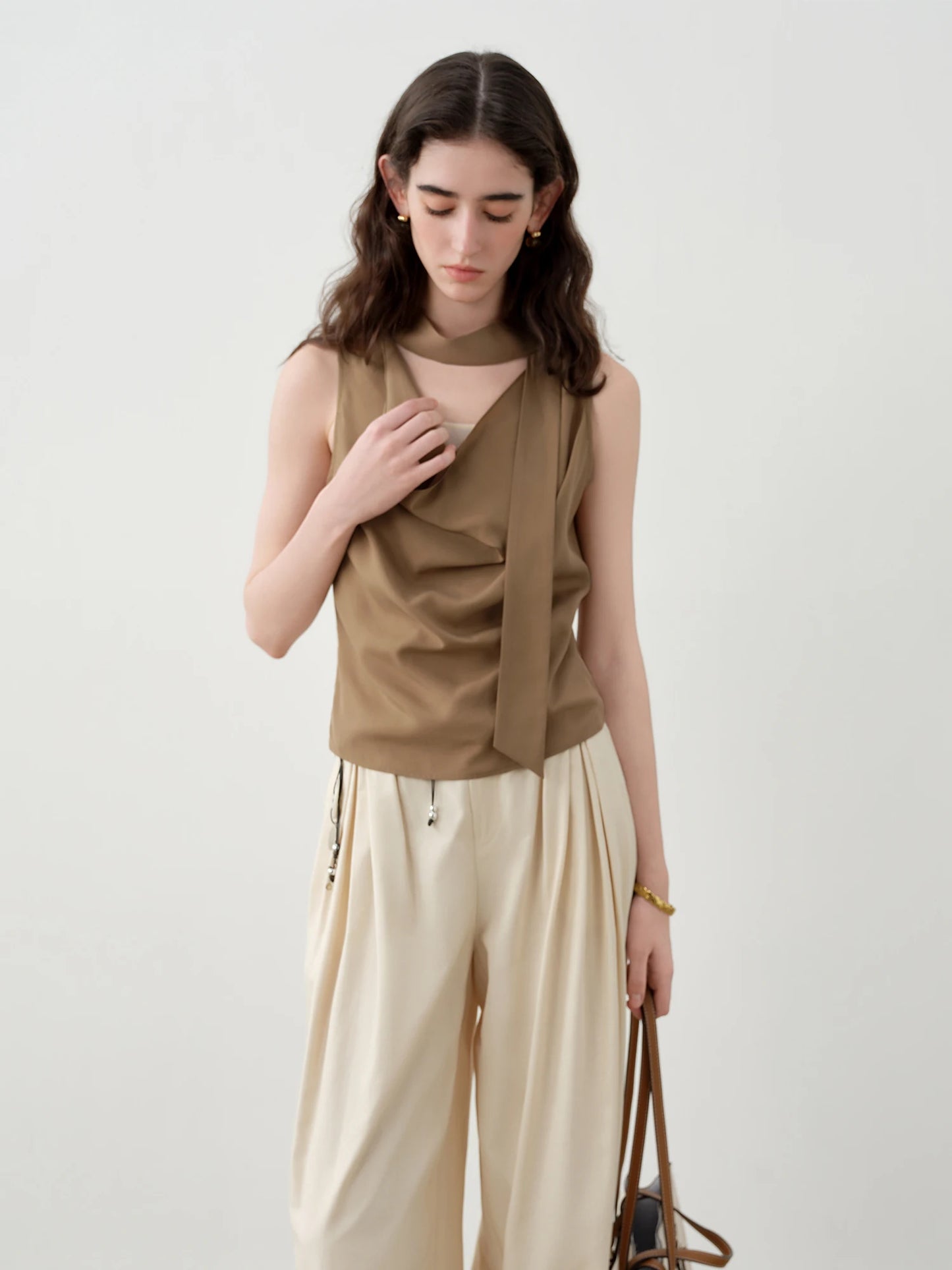 Taupe Cowl Neck Sleeveless Blouse