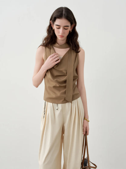 Taupe Cowl Neck Sleeveless Blouse