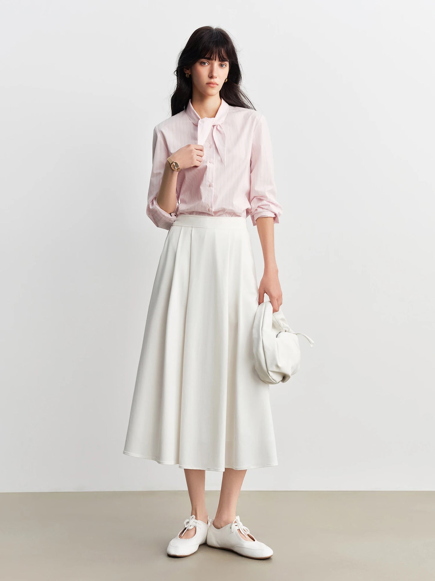 White Structured Pleated Midi Skirt
