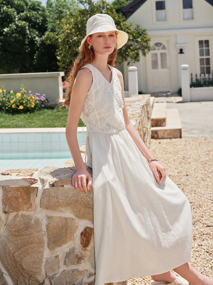 Ivory Embroidered V-Neck Midi Dress