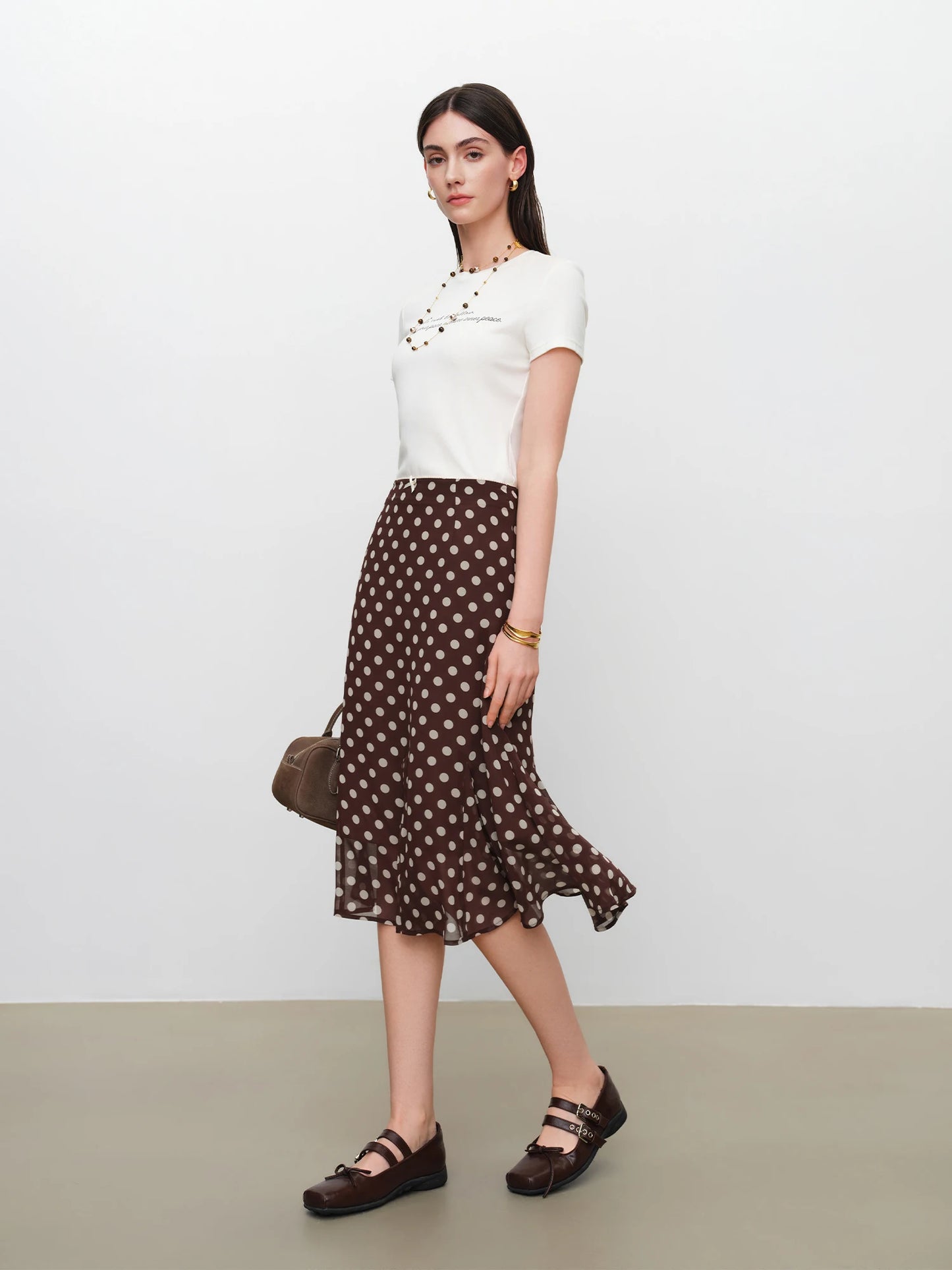 Brown Dot Chiffon Fishtail Skirt