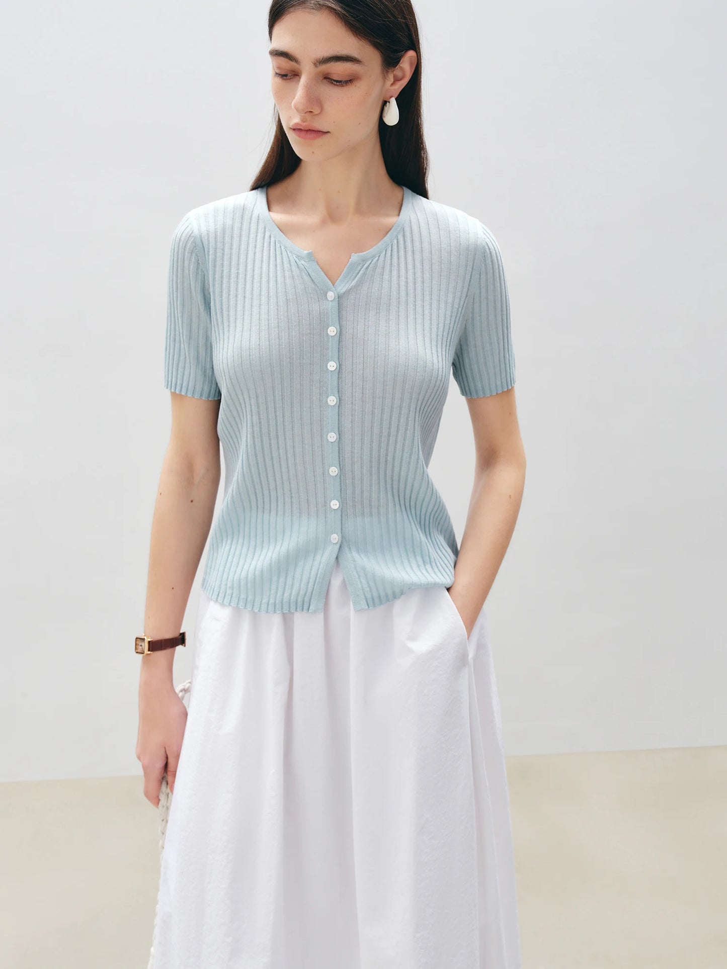 Oatmeal Ribbed Button Knit Top
