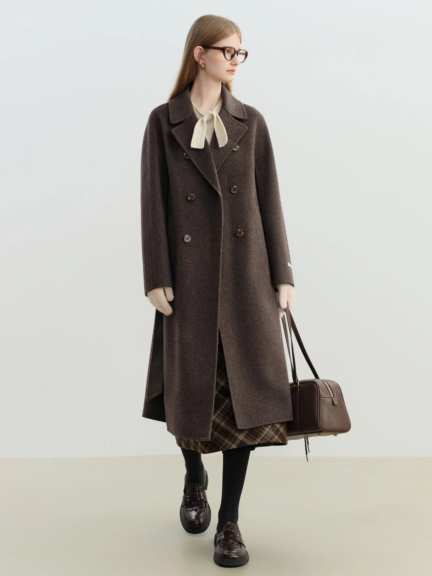 Ivory Belted Lapel Wool Coat