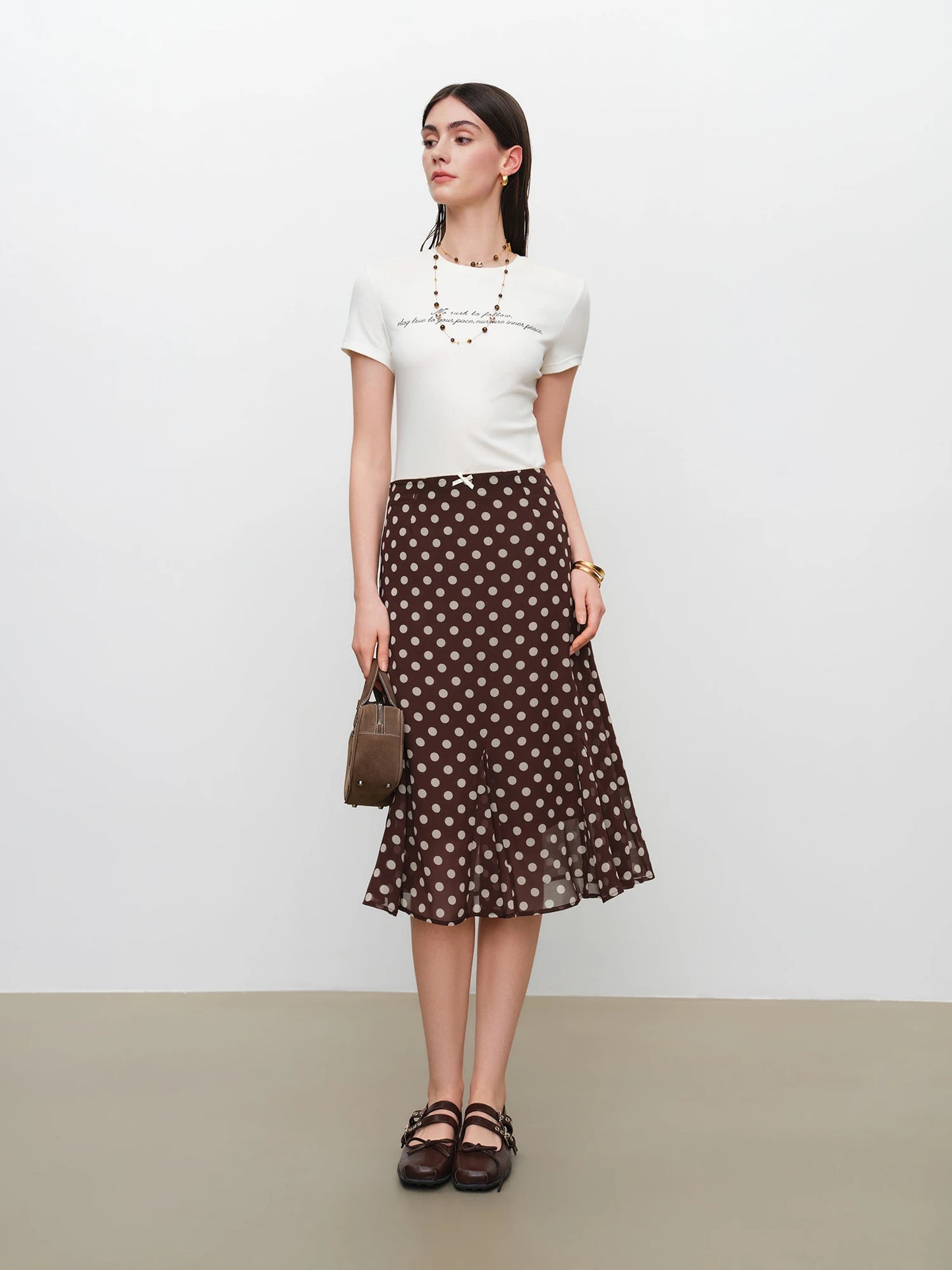 Brown Dot Chiffon Fishtail Skirt