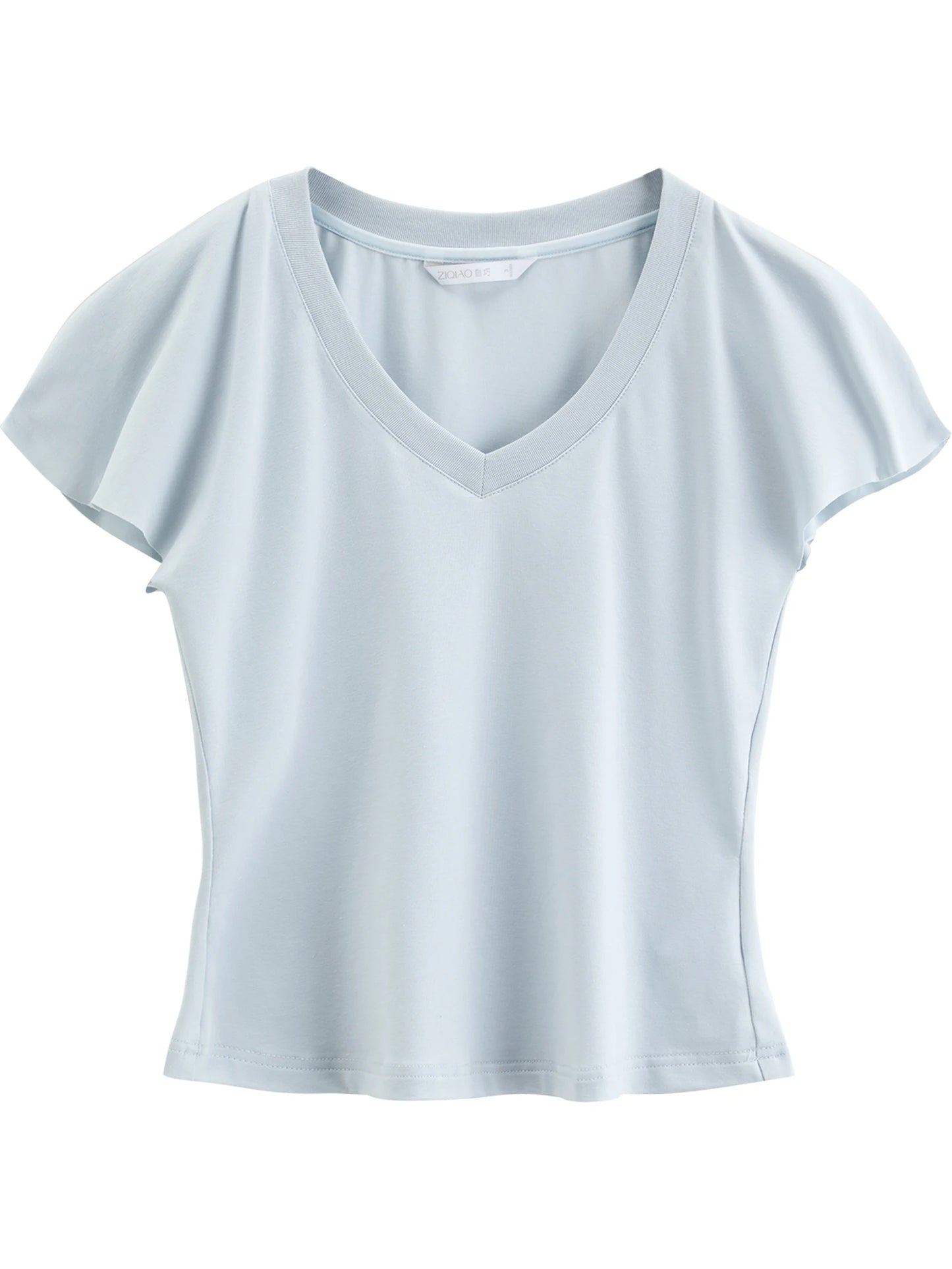Pale Blue V-Neck Ruffle Tee