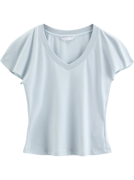 Pale Blue V-Neck Ruffle Tee
