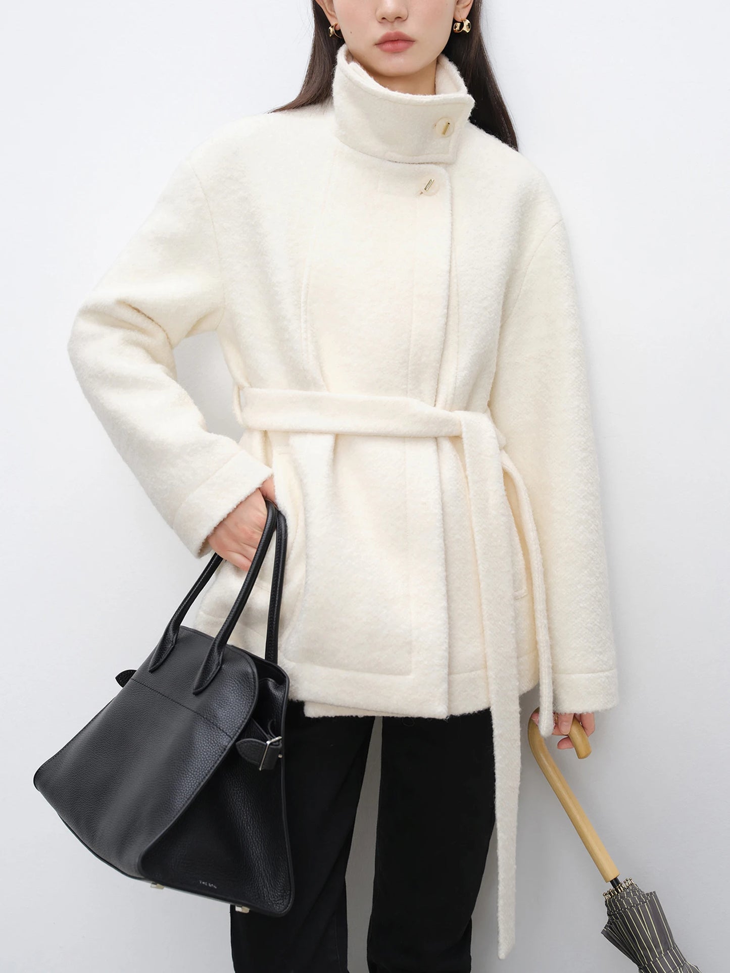 Ivory Belted Stand Collar Coat